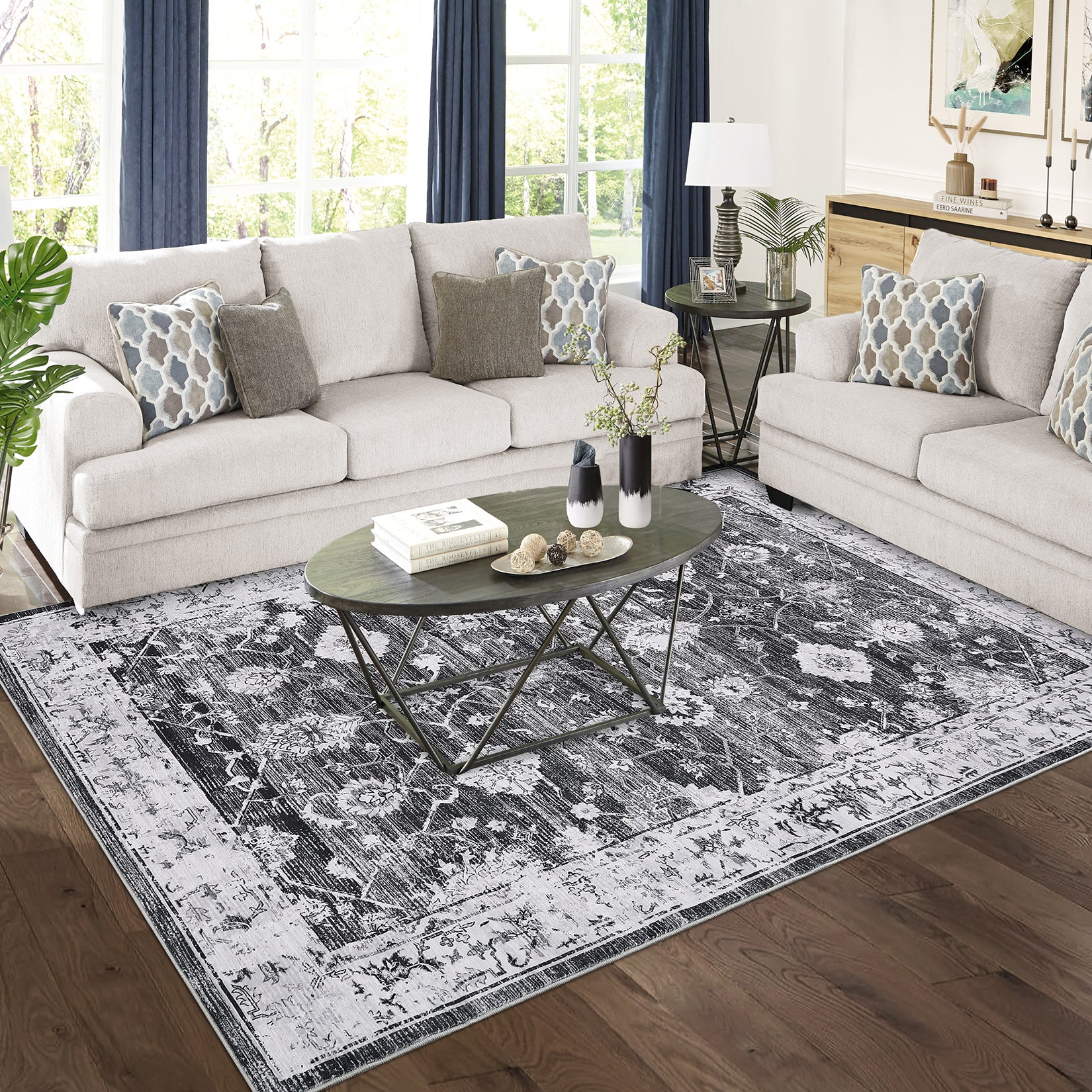 Garvee Washable Rug 8x10 Area Rug Large Vintage Distressed Area Rug Stain Resistant Non-Slip Accent Rug Traditional Floral Medallion Floor Cover Carpet Rug for Living Room Decor, Grey