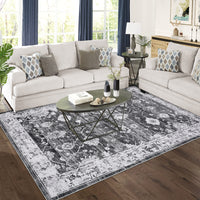 Garvee Washable Rug 8x10 Area Rug Large Vintage Distressed Area Rug Stain Resistant Non-Slip Accent Rug Traditional Floral Medallion Floor Cover Carpet Rug for Living Room Decor, Grey