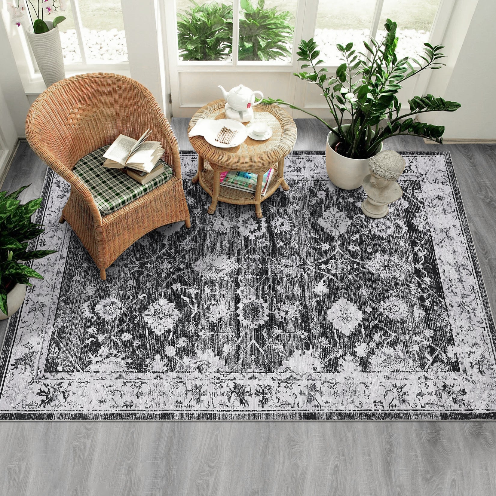 Garvee Washable Rug 8x10 Area Rug Large Vintage Distressed Area Rug Stain Resistant Non-Slip Accent Rug Traditional Floral Medallion Floor Cover Carpet Rug for Living Room Decor, Grey