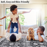 Garvee Washable Rug 8x10 Area Rug Large Vintage Distressed Area Rug Stain Resistant Non-Slip Accent Rug Traditional Floral Medallion Floor Cover Carpet Rug for Living Room Decor, Grey