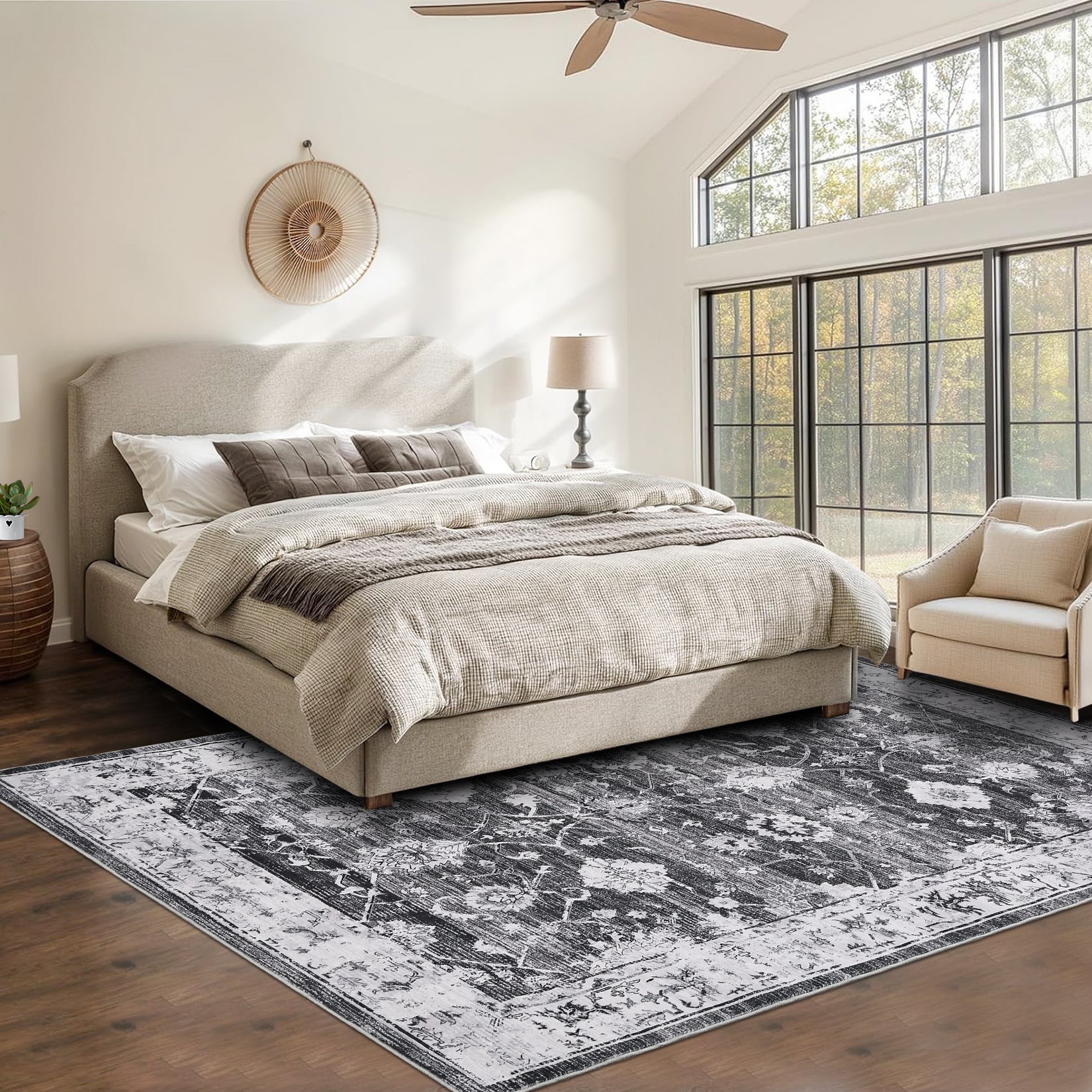 Garvee Washable Rug 8x10 Area Rug Large Vintage Distressed Area Rug Stain Resistant Non-Slip Accent Rug Traditional Floral Medallion Floor Cover Carpet Rug for Living Room Decor, Grey