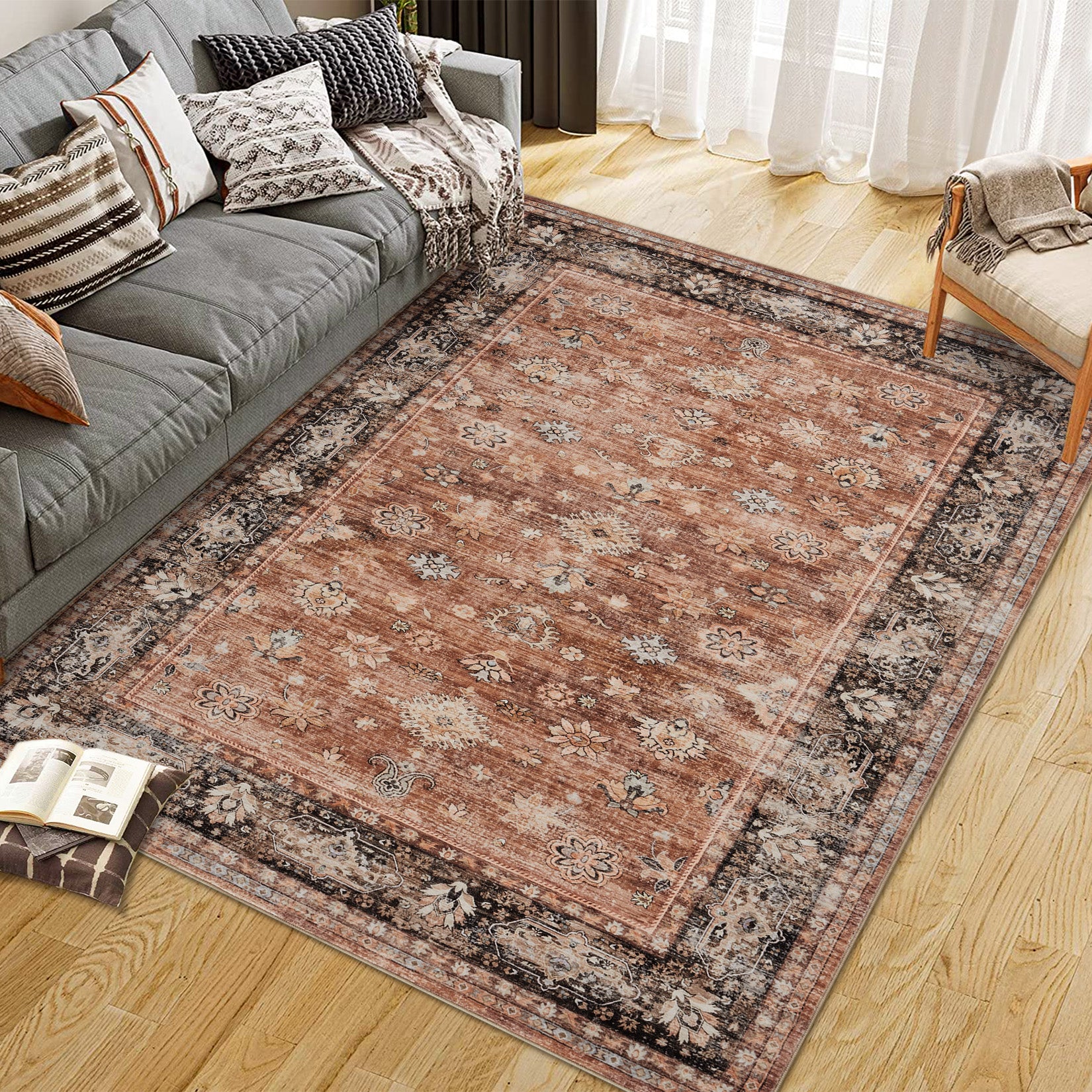 Garvee 10x13 Brown Large Area Rug Distressed Print - Washable Low Pile Living Room Dining Carpet, Vintage Non Slip Easy Clean, Stain Resistant Extra Large Bedroom Rug