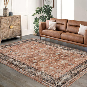 Garvee Terracotta Area Rug 5x7 Distressed Print Washable - Vintage Low Pile Non Slip Carpet for Bedroom Living Room, Easy Clean Kitchen Accent Rug, Stain Resistant Indoor Floor Mat