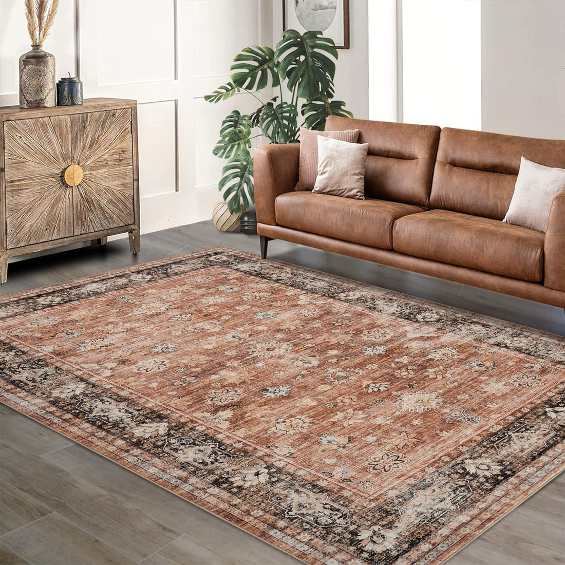 Garvee Bordered Distressed Printed Area Rug Stain Resistant Home Decor Carpet for Versatile Use in Living Room, Bedroom, and Entryway