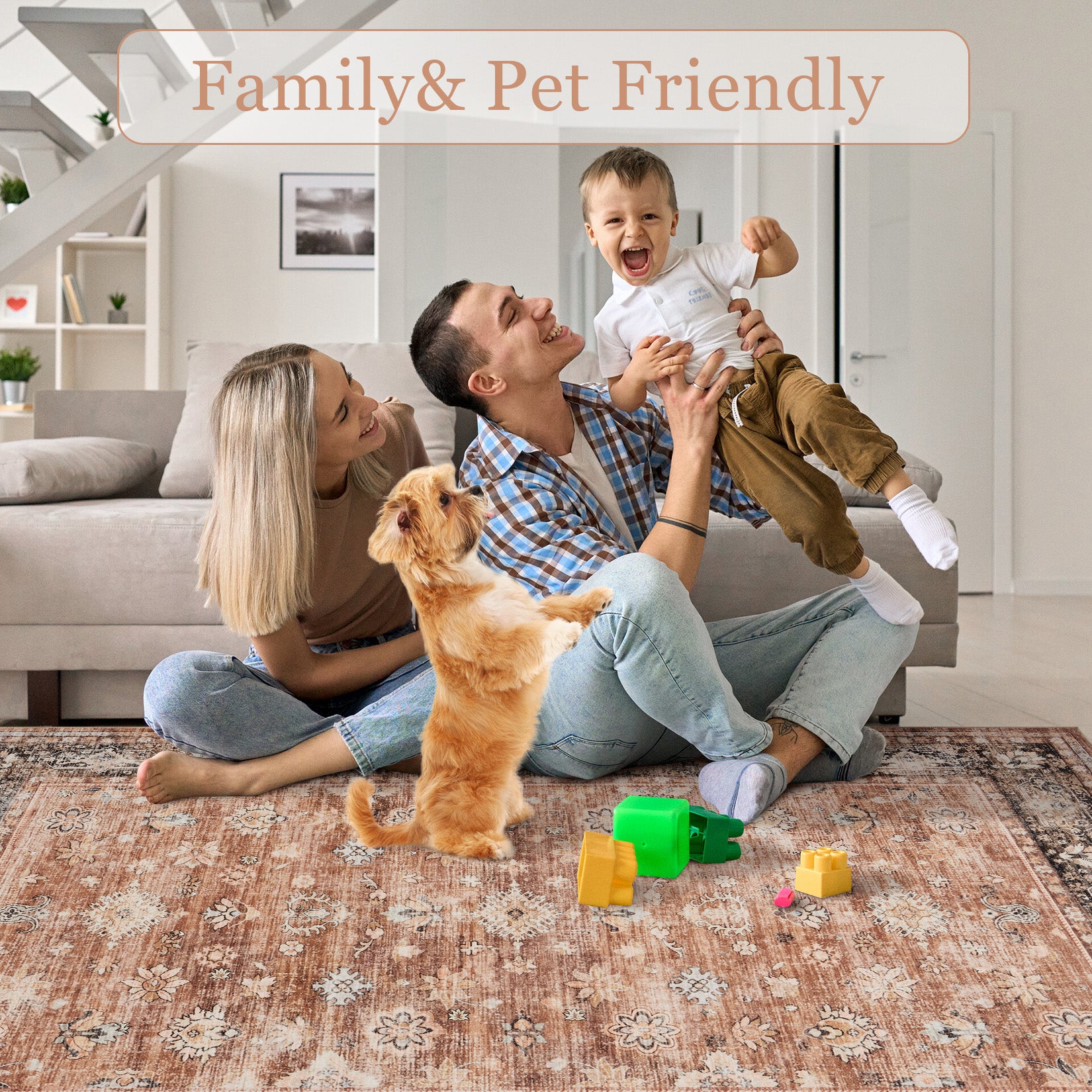 Garvee 10x13 Brown Large Area Rug Distressed Print - Washable Low Pile Living Room Dining Carpet, Vintage Non Slip Easy Clean, Stain Resistant Extra Large Bedroom Rug