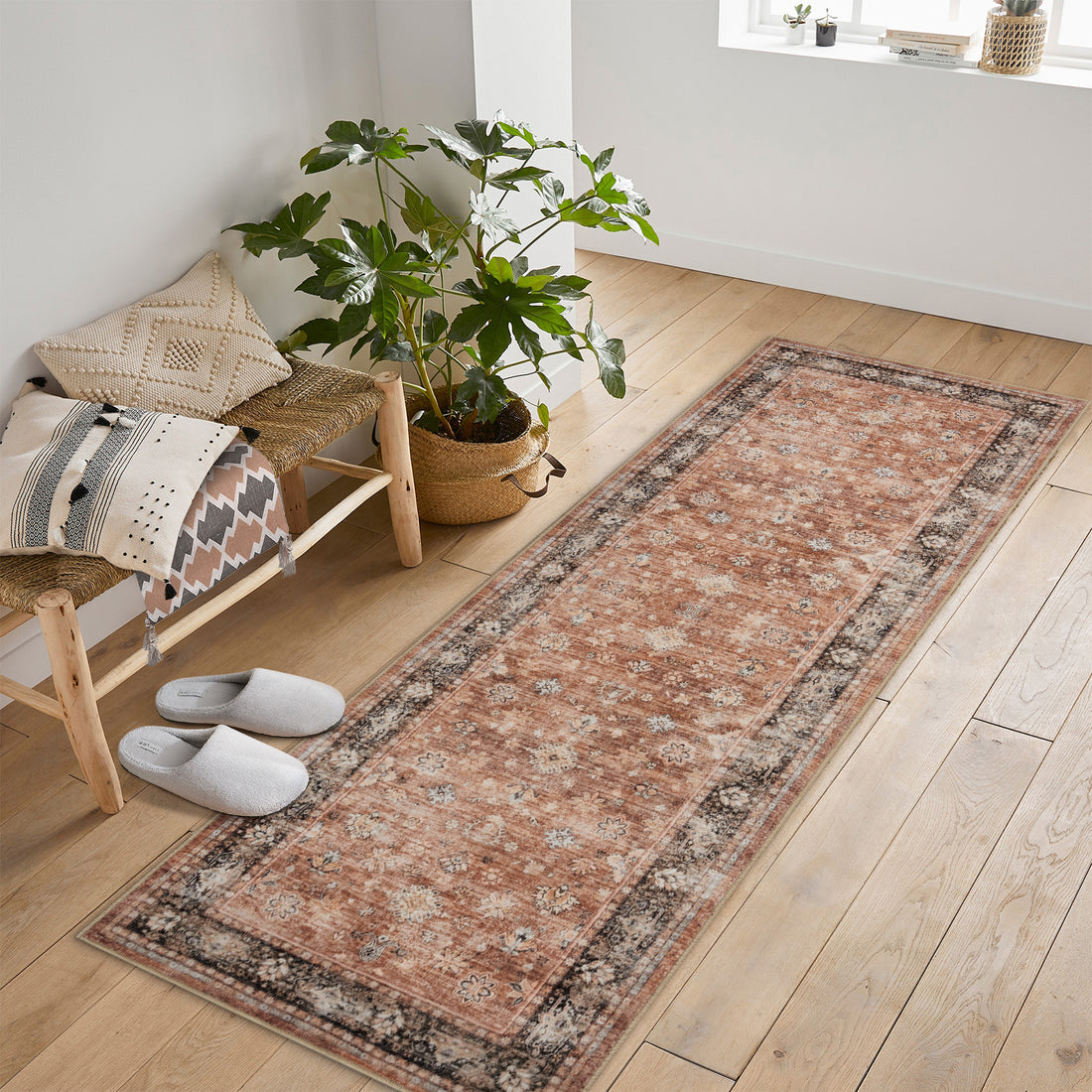 Garvee Brown Distressed Print Runner 2x6 Washable Low Pile - Rustic Doormat Rug for Entryway Hall, Non Slip Kitchen Floor Mat, Easy Clean Indoor Carpet