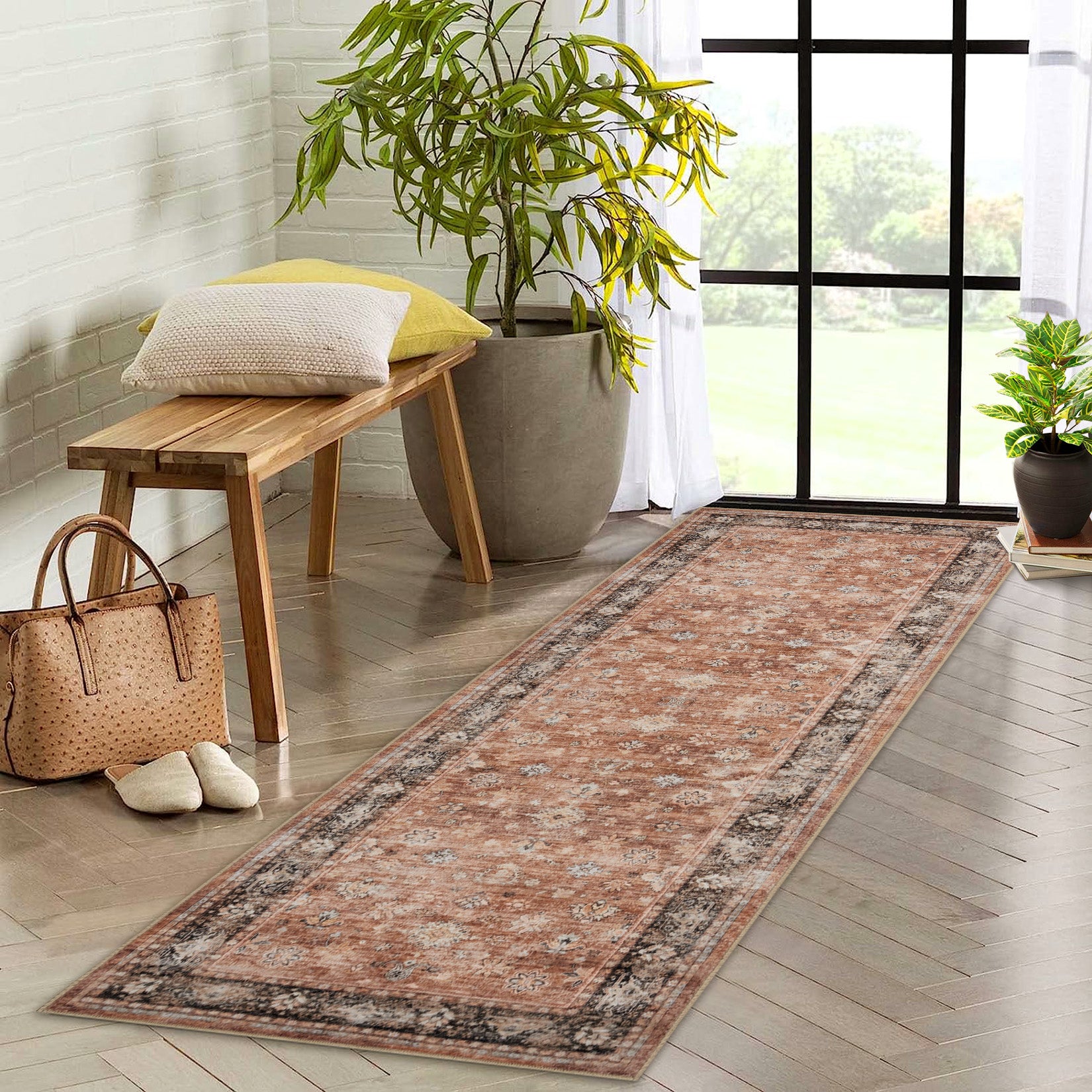 Garvee Terracotta Distressed Print Runner 2x6 Washable Low Pile - Rustic Doormat Rug for Entryway Hall, Non Slip Kitchen Floor Mat, Easy Clean Indoor Carpet
