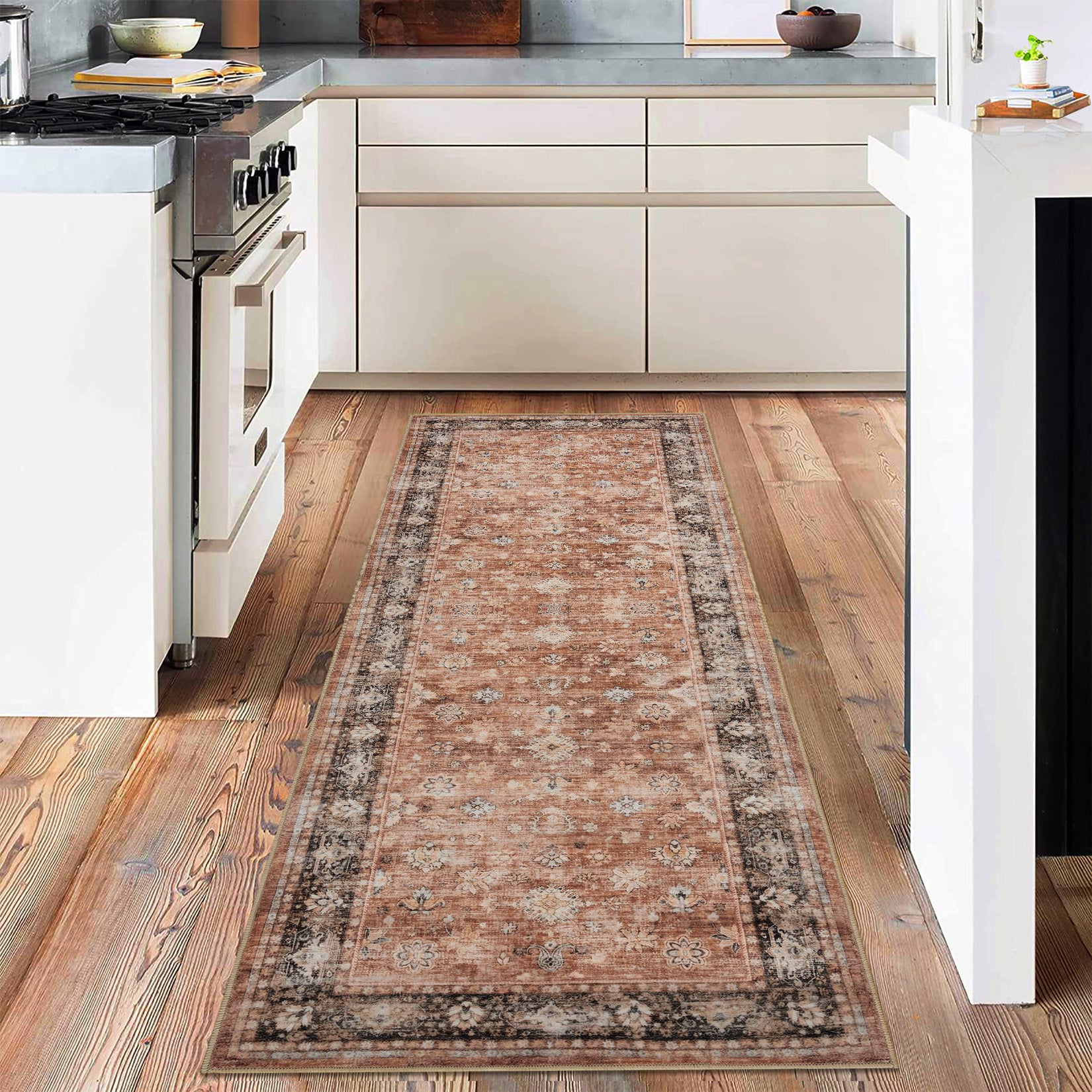 Garvee Terracotta Distressed Print Runner 2x6 Washable Low Pile - Rustic Doormat Rug for Entryway Hall, Non Slip Kitchen Floor Mat, Easy Clean Indoor Carpet