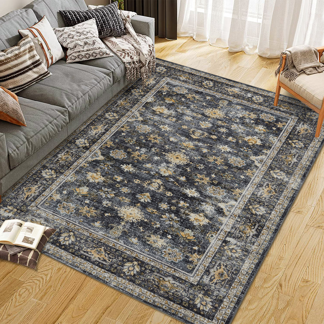 Garvee Black Distressed Print Area Rug 8x10 Washable Low Pile - Large Modern Living Room Carpet, Statement Floor Rug Non Slip Easy Clean, for Contemporary Dining Bedroom