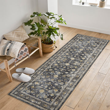 Garvee 2x6 Black Washable Runner Rug Distressed Print - Non Slip Doormat for Entryway Front Door, Kitchen Hallway Floor Mat, Easy Clean Indoor Outdoor Carpet, Vintage Style Low Pile