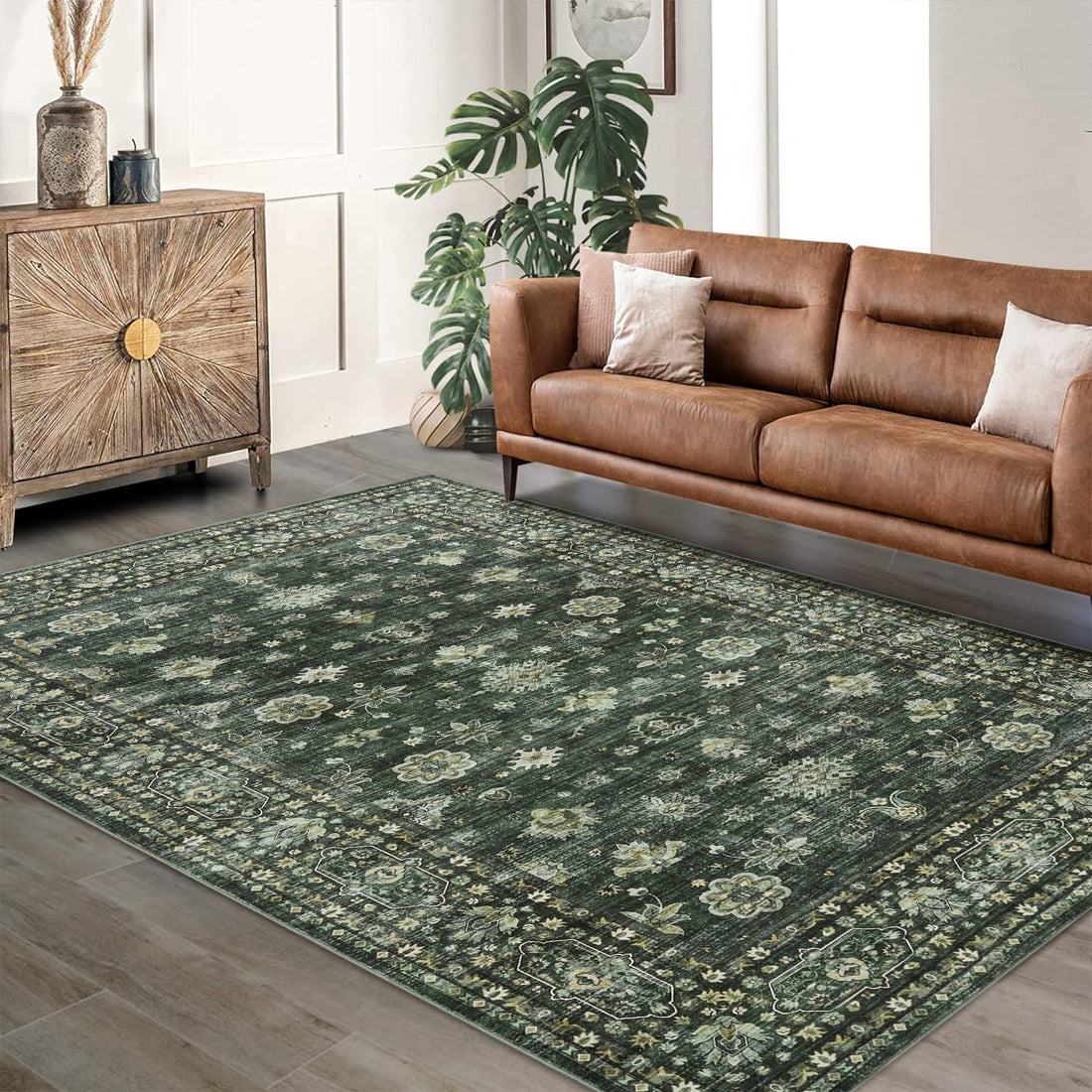 Garvee Bordered Distressed Printed Area Rug Stain Resistant Home Decor Carpet for Versatile Use in Living Room, Bedroom, and Entryway