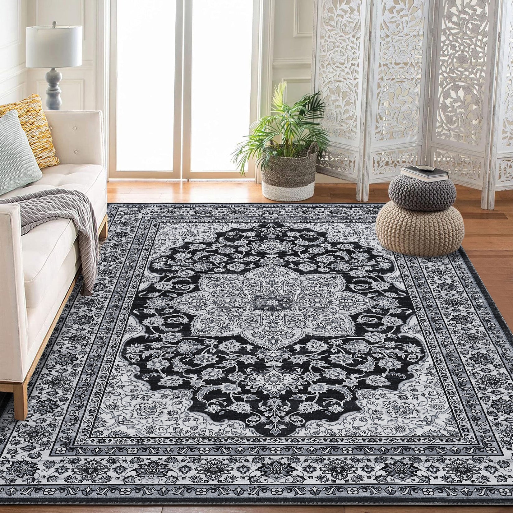Oriental Black 6x9 Washable Area Rug | Vintage & Foldable | GARVEE