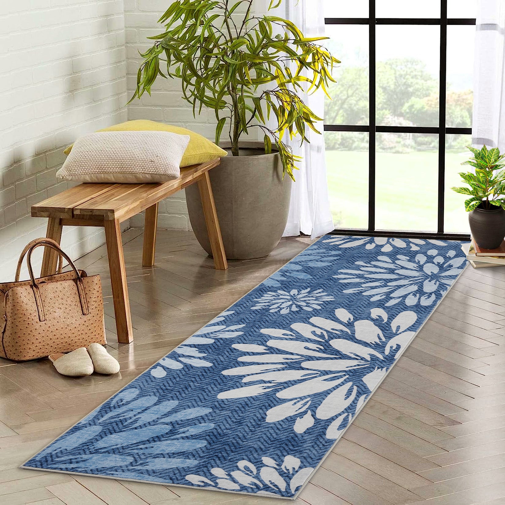 Garvee 2' x 6' Modern Floral Leaf Runner Rug, Machine Washable Non-Slip Low-Pile Soft Rug for Hallway, Kitchen, Entryway & Bedroom, Blue