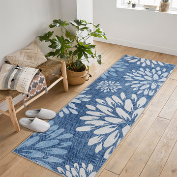 Garvee 2' x 6' Modern Floral Leaf Runner Rug, Machine Washable Non-Slip Low-Pile Soft Rug for Hallway, Kitchen, Entryway & Bedroom, Blue
