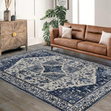 Garvee Persian Navy Blue 8x10 Area Rug Traditional Floor Cover Thin Print Indoor Non-Slip Machine Washable Rug - Navy Blue
