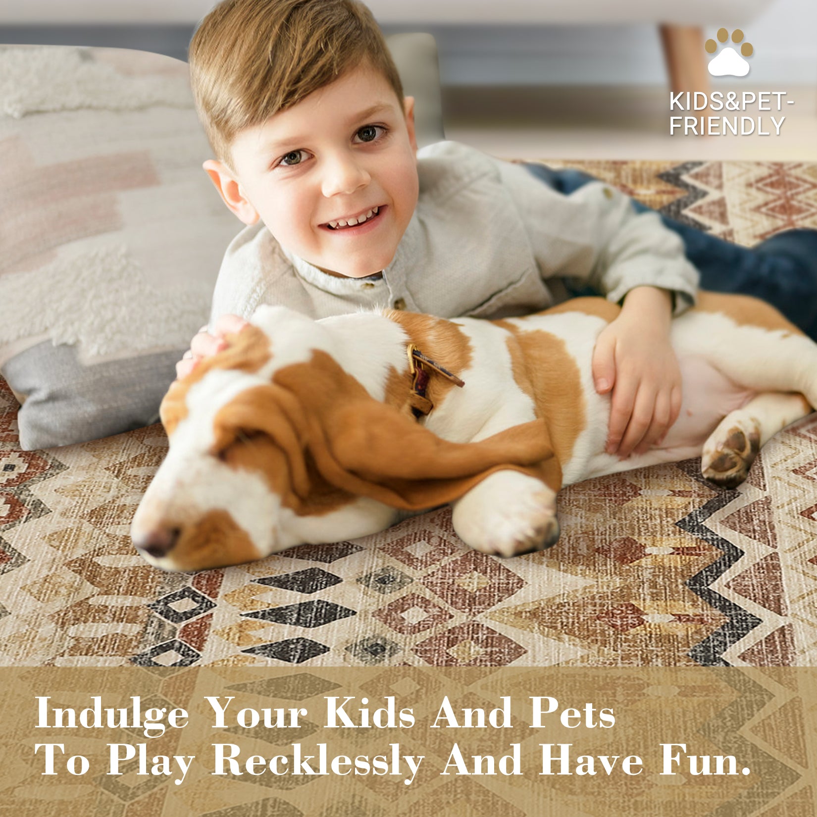 Garvee Boho Beige 5x7 Washable Area Rugs, Distressed Geometric Printed Throw Rugs, Non-Slip Low Pile Indoor Mat, Foldable Non-Shedding Accent Carpet for Living Room, Bedroom, Office