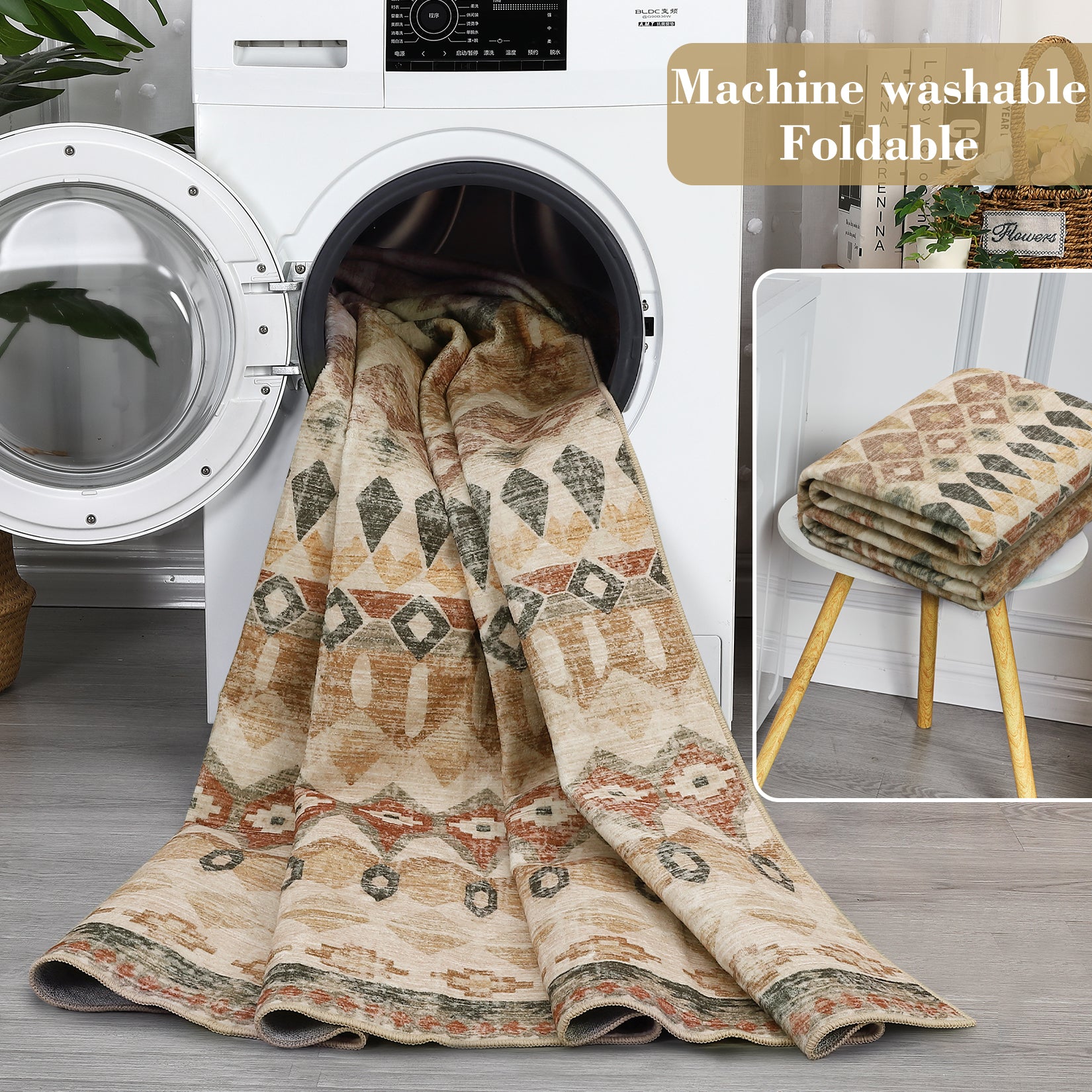 Garvee Boho Beige 5x7 Washable Area Rugs, Distressed Geometric Printed Throw Rugs, Non-Slip Low Pile Indoor Mat, Foldable Non-Shedding Accent Carpet for Living Room, Bedroom, Office