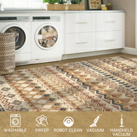 Garvee Boho Beige 8x10 Washable Living Room Rug, Large Distressed Geometric Printed Area Rug, Non-Slip Low Pile Indoor Mat, Foldable Non-Shedding Accent Carpet for Dining Room