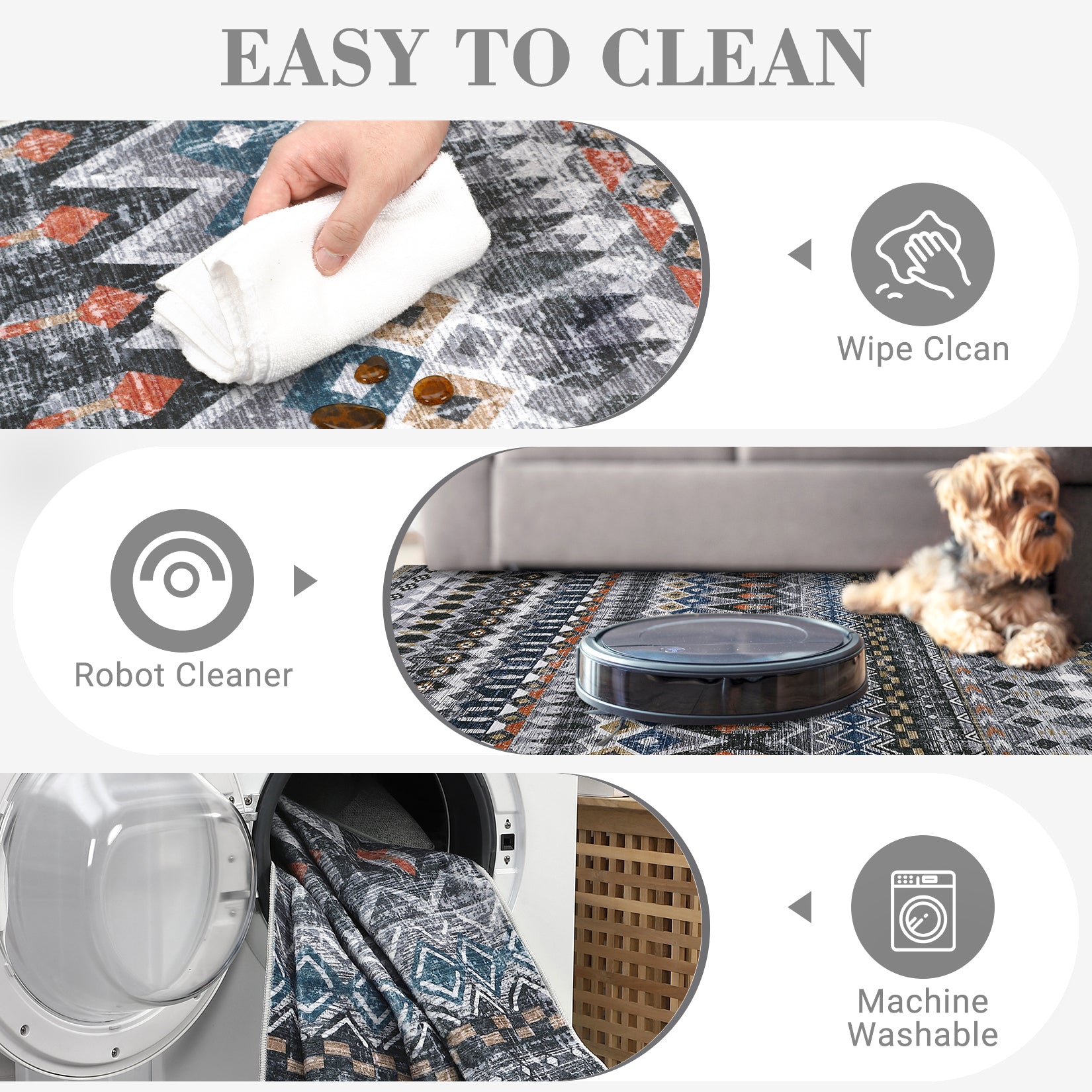 Garvee Boho Grey 9x12 Large Area Washable Rugs, Distressed Geometric Printed Living Room Rug, Non-Slip Low Pile Floor Carpet, Foldable Non-Shedding Accent Rug for Bedroom, Office