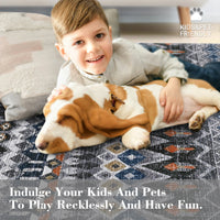 Garvee Boho Grey 10x13 Large Area Rug Washable Non-Slip Vintage Distressed Floor Cover Stain-Resistant Low Pile Soft Geometric Printed Throw Carpet Foldable Non-Shedding Indoor Rug for Home Office