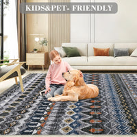 Garvee Boho Grey 10x13 Large Area Rug Washable Non-Slip Vintage Distressed Floor Cover Stain-Resistant Low Pile Soft Geometric Printed Throw Carpet Foldable Non-Shedding Indoor Rug for Home Office