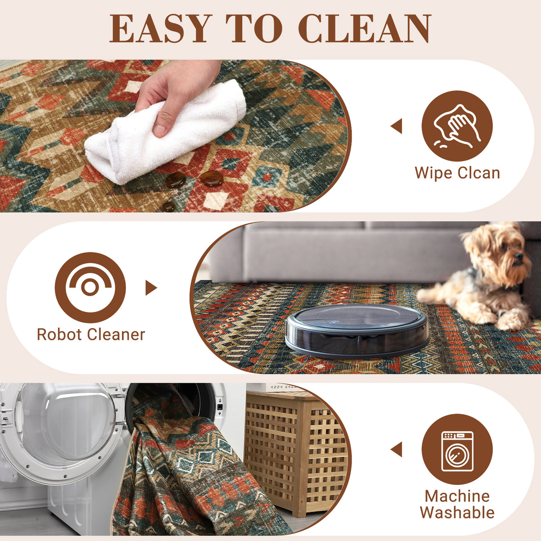 Garvee Boho Multicolor 5x7 Washable Area Rugs, Distressed Geometric Printed Throw Rugs, Non-Slip Low Pile Indoor Mat, Foldable Non-Shedding Accent Carpet for Living Room, Bedroom, Office