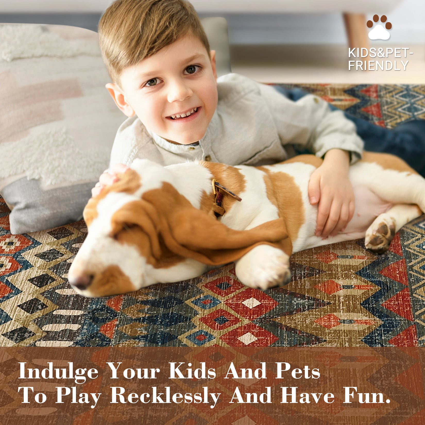 Garvee Boho Multicolor 9x12 Large Area Washable Rug, Distressed Geometric Printed Living Room Rug, Non-Slip Low Pile Floor Carpet, Foldable Non-Shedding Accent Rug for Bedroom, Office