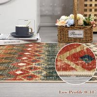 Garvee Boho Multicolor 9x12 Large Area Washable Rug, Distressed Geometric Printed Living Room Rug, Non-Slip Low Pile Floor Carpet, Foldable Non-Shedding Accent Rug for Bedroom, Office