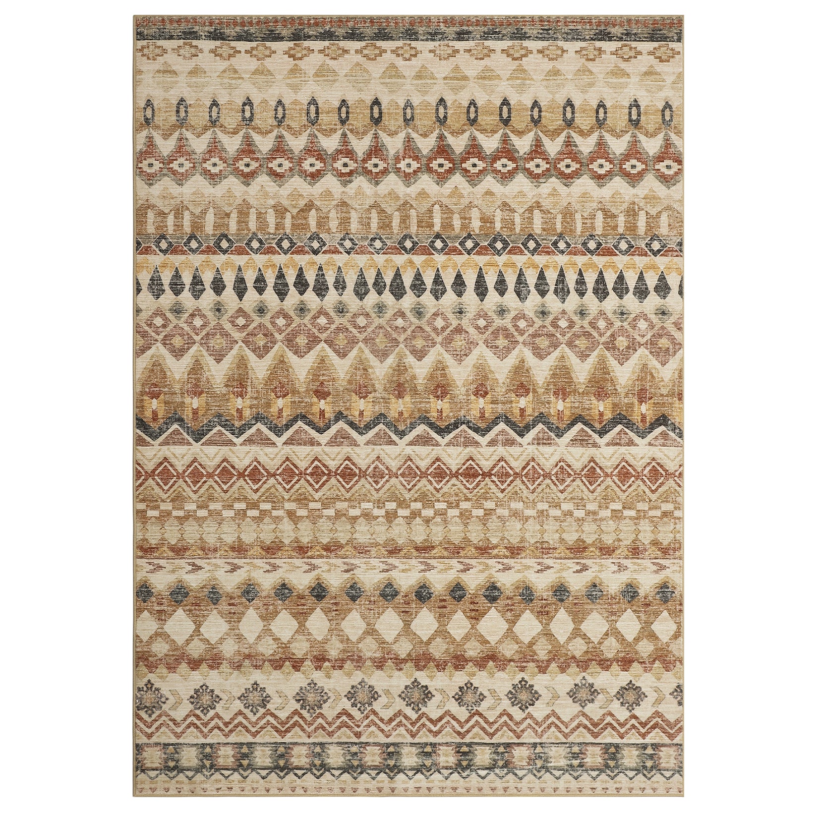 Garvee Boho Beige 8x10 Washable Living Room Rug, Large Distressed Geometric Printed Area Rug, Non-Slip Low Pile Indoor Mat, Foldable Non-Shedding Accent Carpet for Dining Room