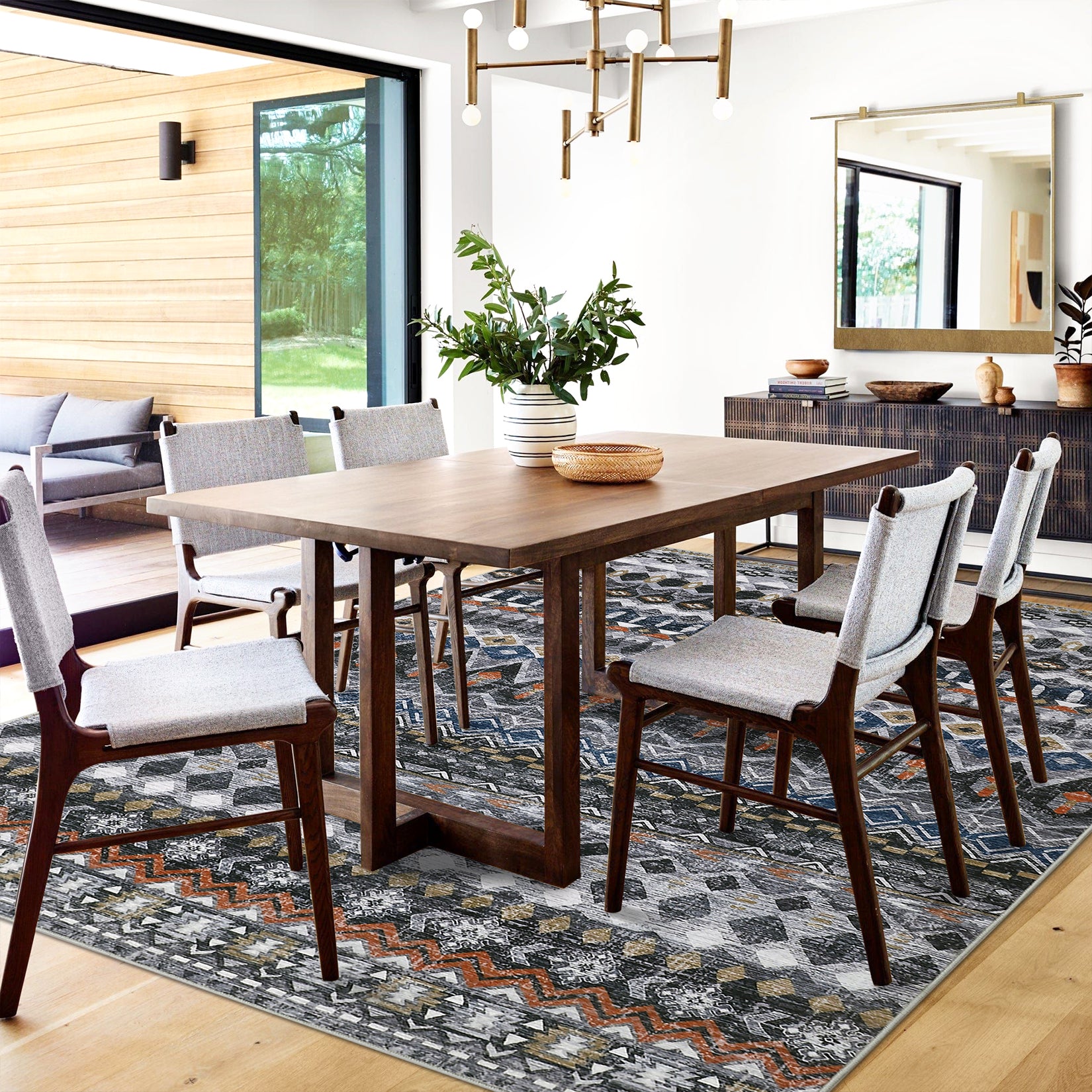 Garvee Boho Grey 10x13 Large Area Rug Washable Non-Slip Vintage Distressed Floor Cover Stain-Resistant Low Pile Soft Geometric Printed Throw Carpet Foldable Non-Shedding Indoor Rug for Home Office