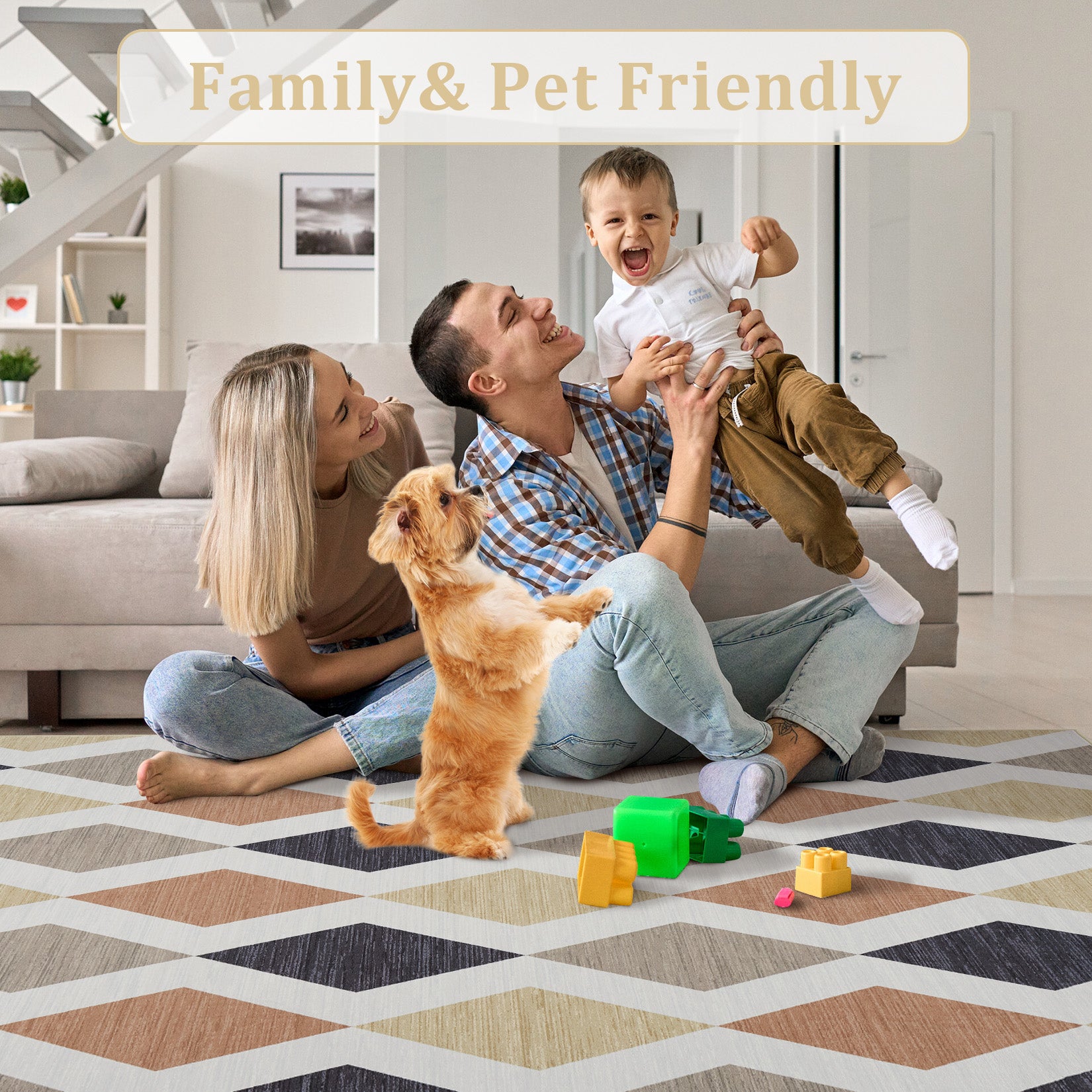 Garvee 2x6 Geometric Area Rug – Washable Non-Slip Modern Abstract Low Pile Carpet for Living Room, Bedroom & Dining Room, Camel Brown