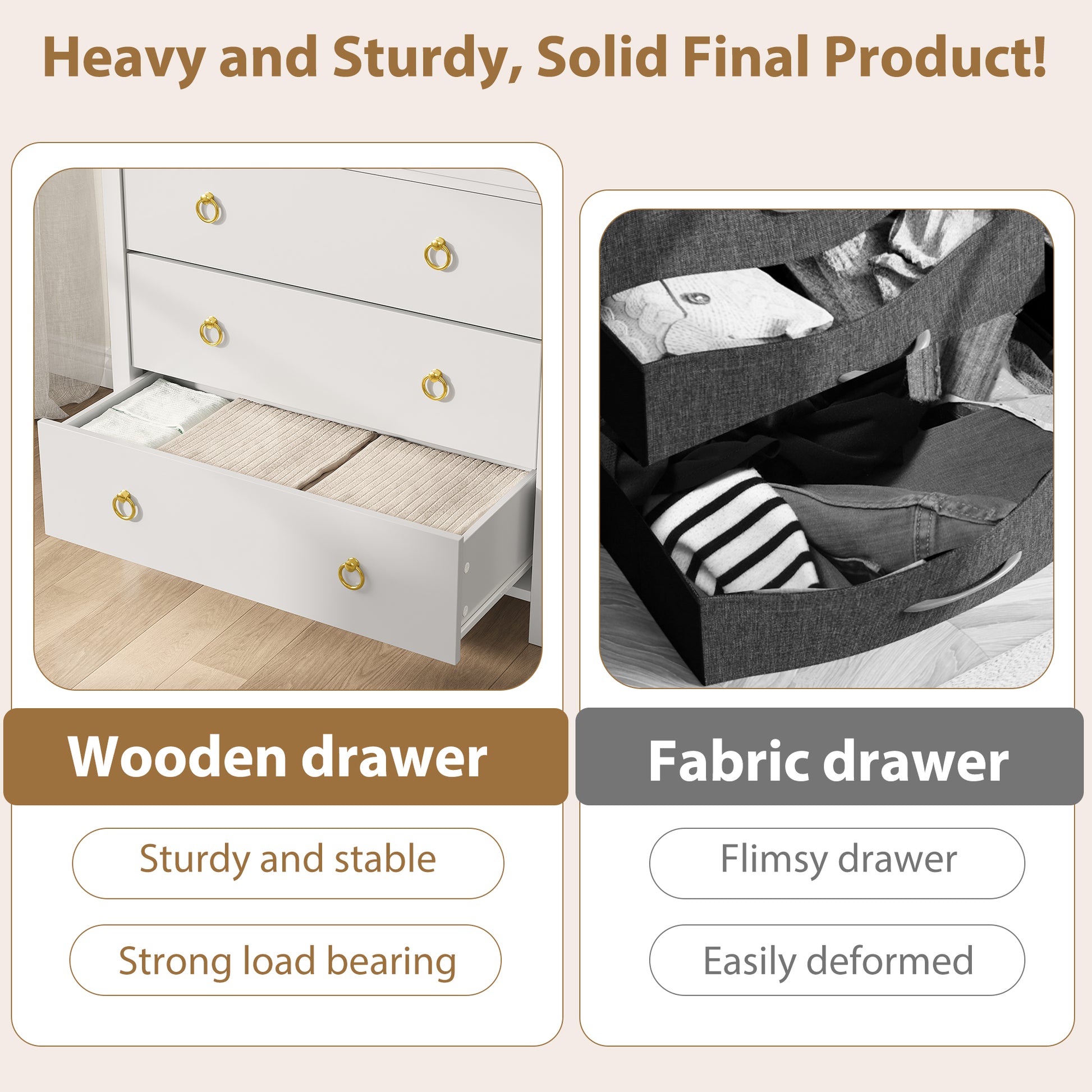 Garvee 3 Drawer Dresser for Bedroom, Modern Wood Dresser with Gold Metal Ring Handles, Freestanding Chest of Drawer with Anti-tipping Design for Living Room, Entryway, White