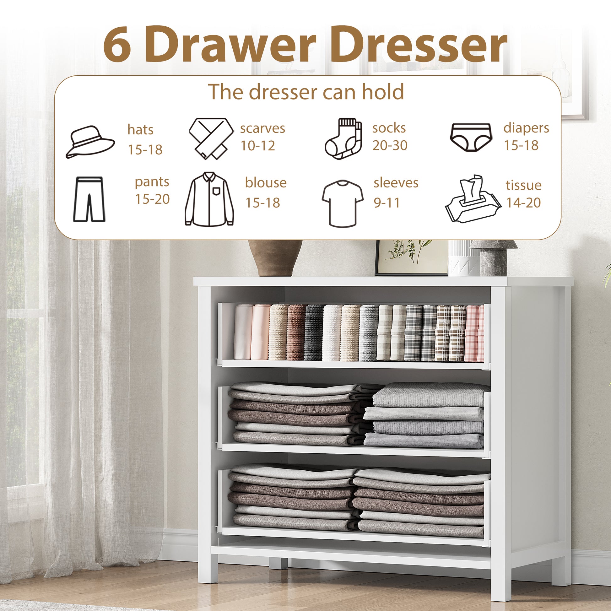Garvee 3 Drawer Dresser for Bedroom, Modern Wood Dresser with Gold Metal Ring Handles, Freestanding Chest of Drawer with Anti-tipping Design for Living Room, Entryway, White