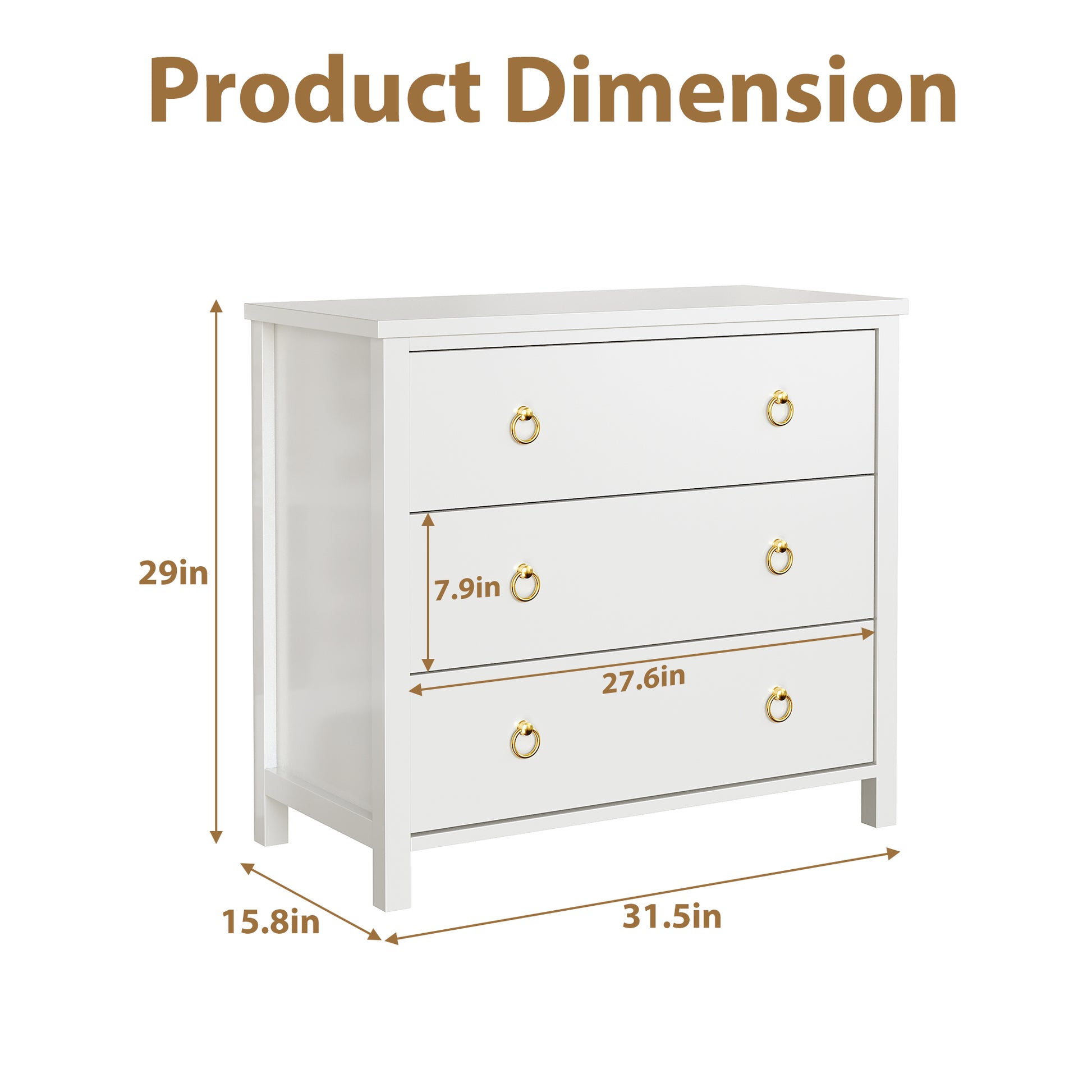 Garvee 3 Drawer Dresser for Bedroom, Modern Wood Dresser with Gold Metal Ring Handles, Freestanding Chest of Drawer with Anti-tipping Design for Living Room, Entryway, White