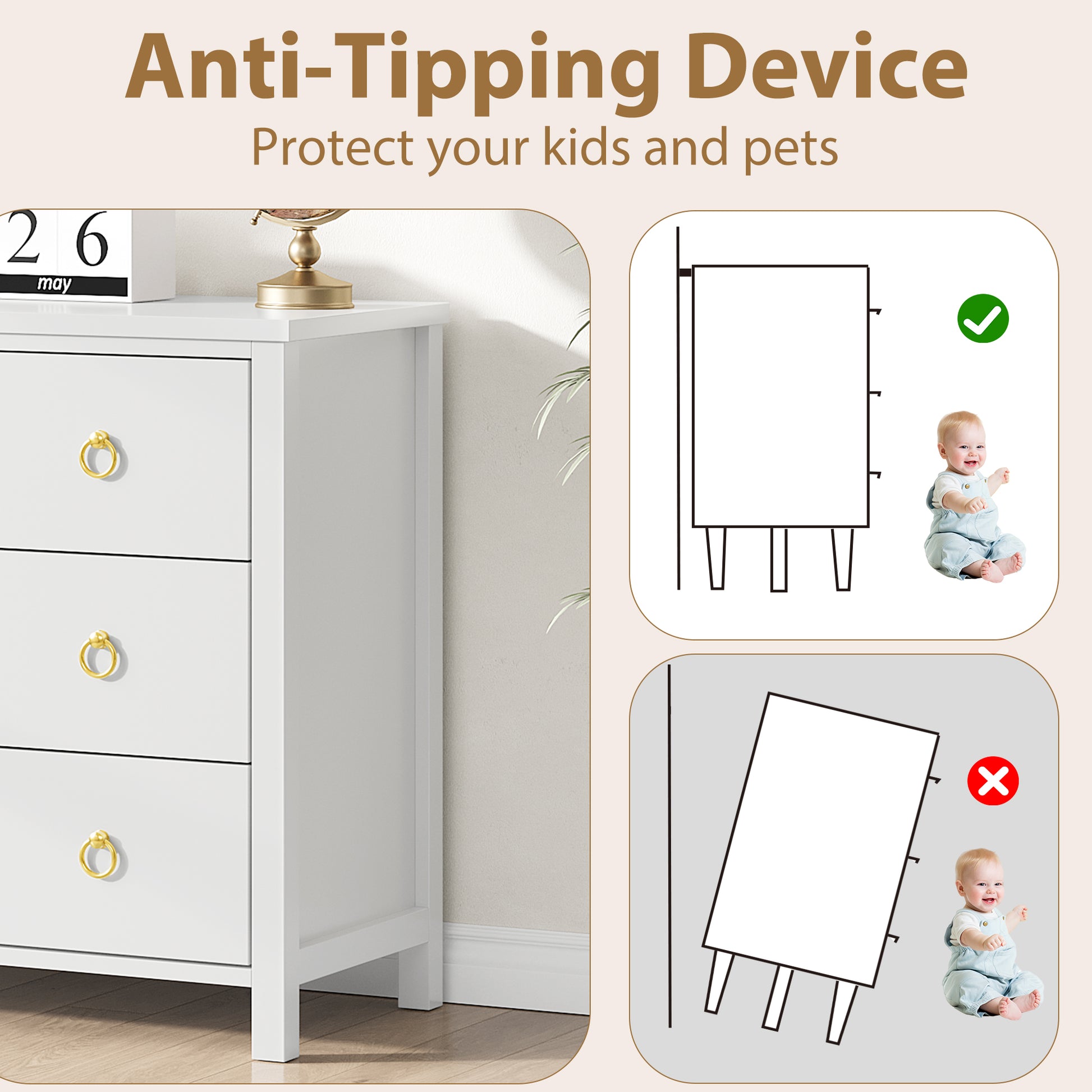 Garvee 3 Drawer Dresser for Bedroom, Modern Wood Dresser with Gold Metal Ring Handles, Freestanding Chest of Drawer with Anti-tipping Design for Living Room, Entryway, White