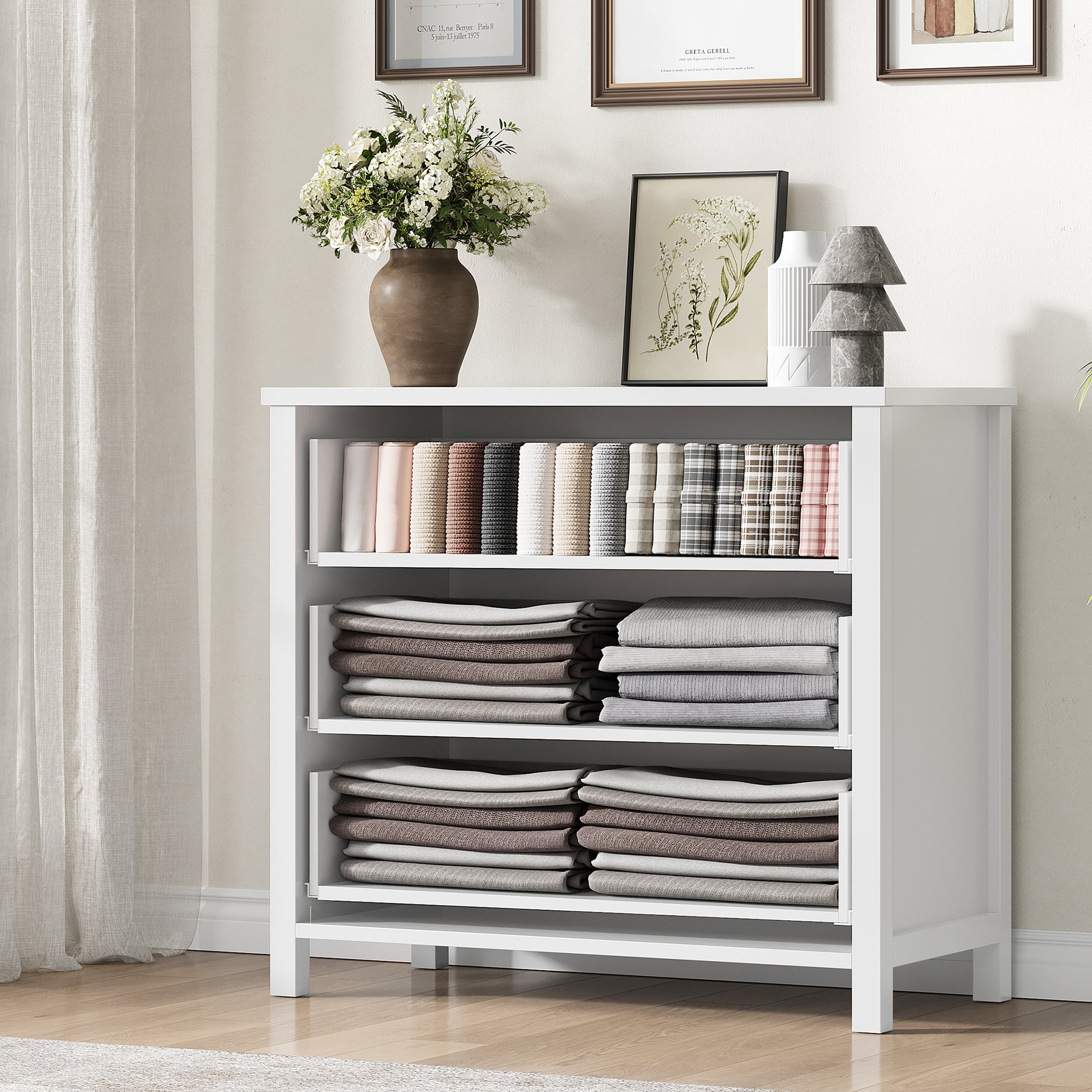 Garvee 3 Drawer Dresser for Bedroom, Modern Wood Dresser with Gold Metal Ring Handles, Freestanding Chest of Drawer with Anti-tipping Design for Living Room, Entryway, White