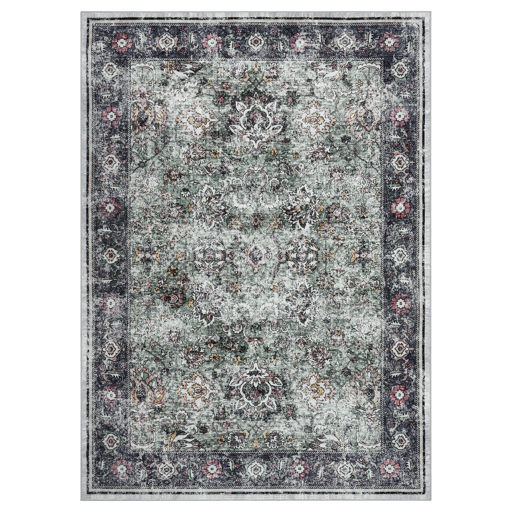 Garvee Persian Green 4x6 Living Room Washable Non Slip Vintage Retro Rugs Low Pile Chenille Print Rug for Bedroom Dining Room Home Office