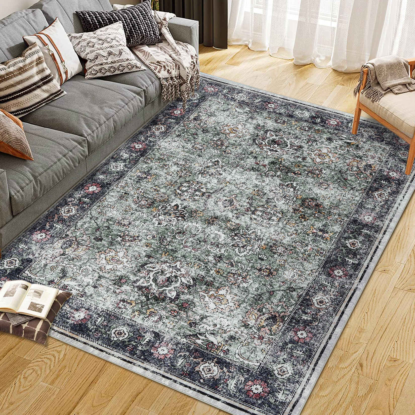 Garvee Persian Green 4x6 Living Room Washable Non Slip Vintage Retro Rugs Low Pile Chenille Print Rug for Bedroom Dining Room Home Office