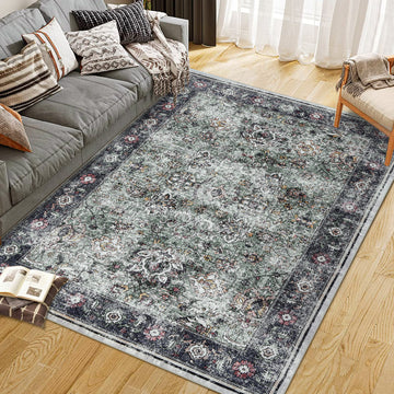 Garvee Persian Green 4x6 Living Room Washable Non Slip Vintage Retro Rugs Low Pile Chenille Print Rug for Bedroom Dining Room Home Office