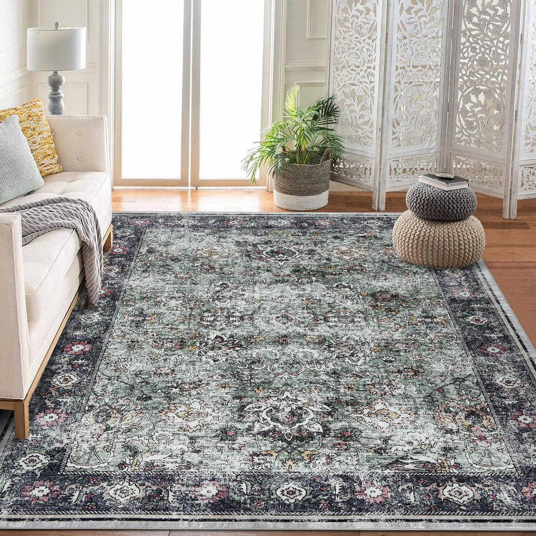 Garvee Persian Green 4x6 Living Room Washable Non Slip Vintage Retro Rugs Low Pile Chenille Print Rug for Bedroom Dining Room Home Office