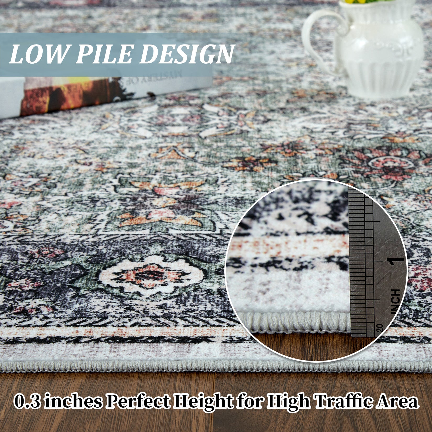 Garvee Persian Green 4x6 Living Room Washable Non Slip Vintage Retro Rugs Low Pile Chenille Print Rug for Bedroom Dining Room Home Office