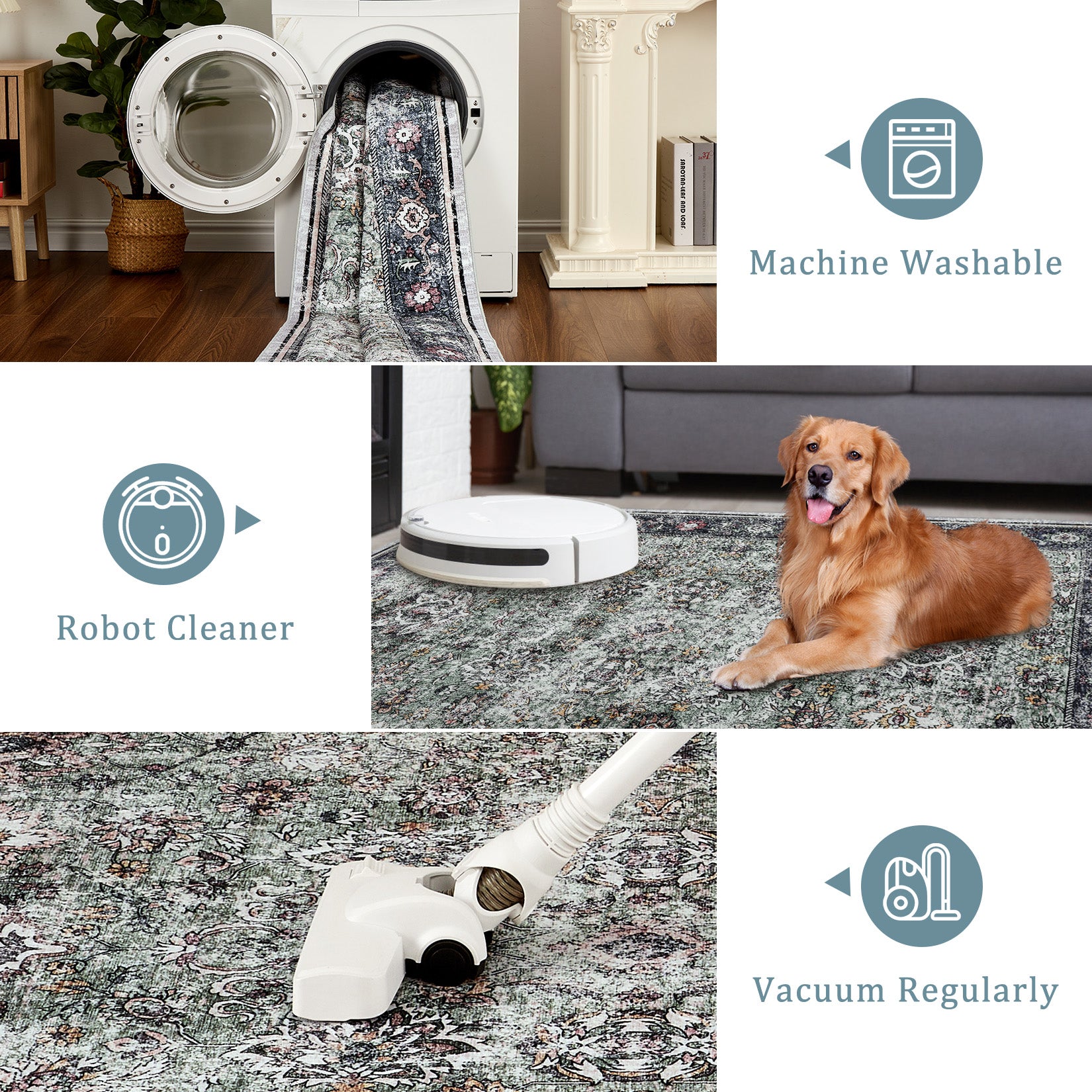 Garvee Persian Green 4x6 Living Room Washable Non Slip Vintage Retro Rugs Low Pile Chenille Print Rug for Bedroom Dining Room Home Office