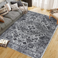 Garvee Vintage Floral Washable Area Rug, Dark Gray 10x13 Non Slip Low Pile Rug for Living Room and Bedroom, Kid and Pet Friendly