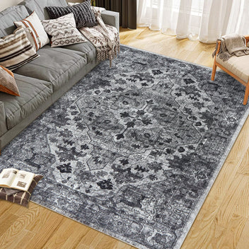 Garvee Vintage Floral Washable Area Rug, Dark Gray 8x10 Non Slip Low Pile Rug for Living Room and Bedroom, Kid and Pet Friendly