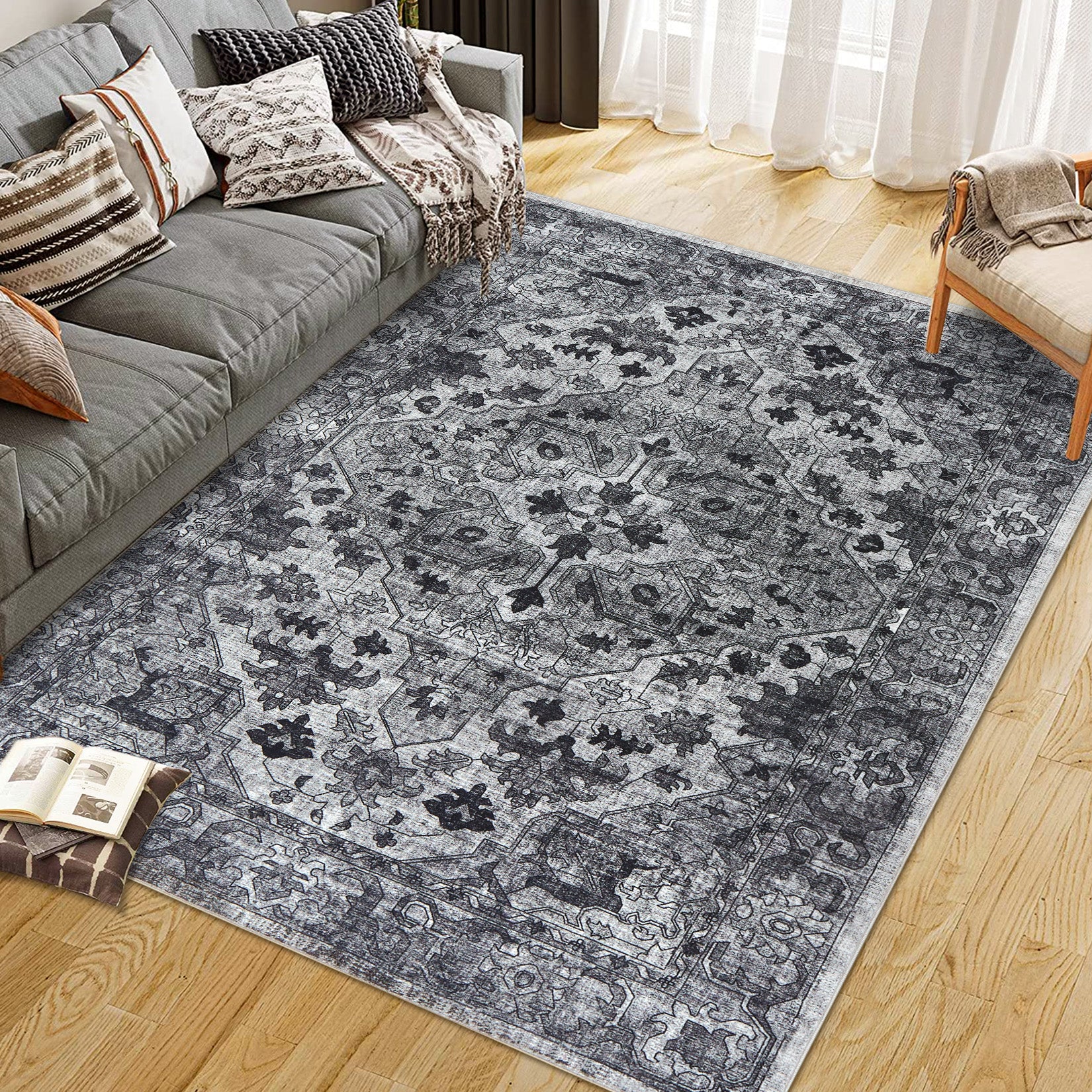 Garvee Vintage Floral Washable Area Rug, Dark Gray 8x10 Non Slip Low Pile Rug for Living Room and Bedroom, Kid and Pet Friendly