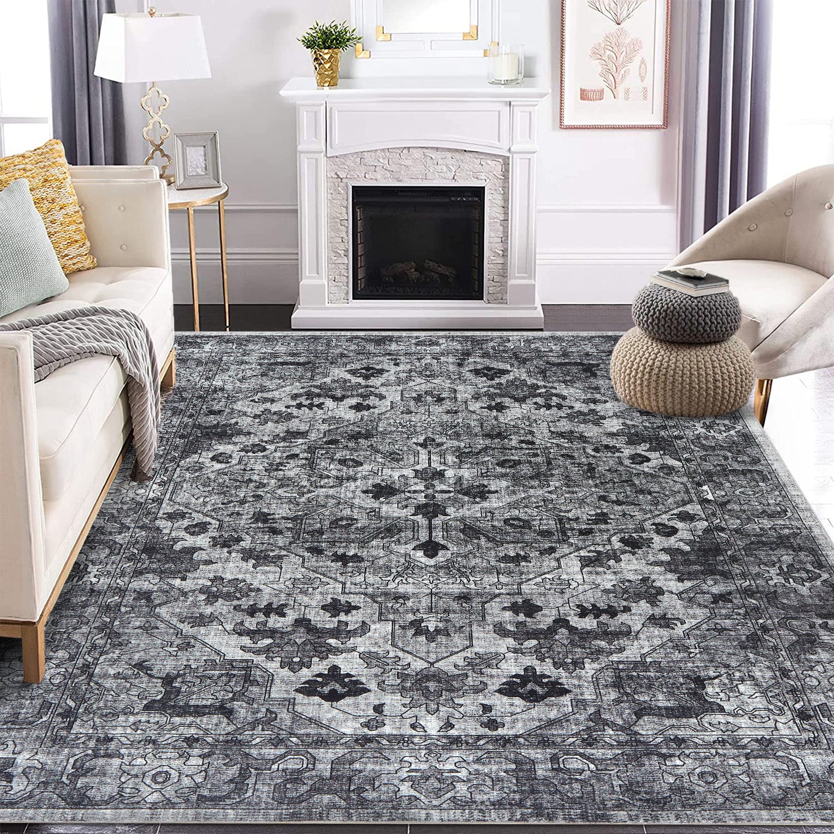 Garvee Vintage Floral Washable Area Rug, Dark Gray 5x7 Non Slip Low Pile Rug for Bedroom and Nursery, Kid and Pet Friendly