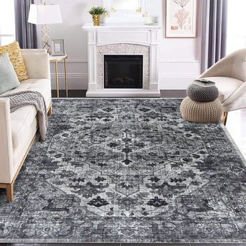 Garvee Vintage Floral Washable Area Rug, Dark Gray 10x13 Non Slip Low Pile Rug for Living Room and Bedroom, Kid and Pet Friendly