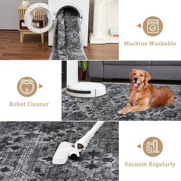 Garvee Vintage Floral Washable Area Rug, Dark Gray 10x13 Non Slip Low Pile Rug for Living Room and Bedroom, Kid and Pet Friendly
