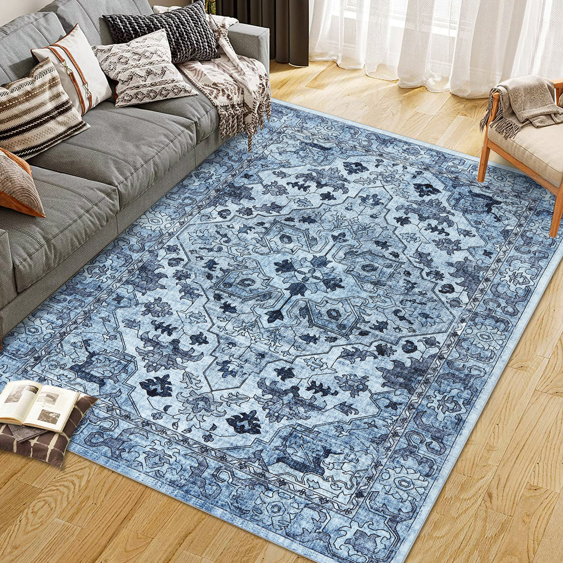 Garvee Vintage Floral Washable Area Rug, Blue 8x10 Non Slip Low Pile Rug for Living Room and Bedroom, Kid and Pet Friendly