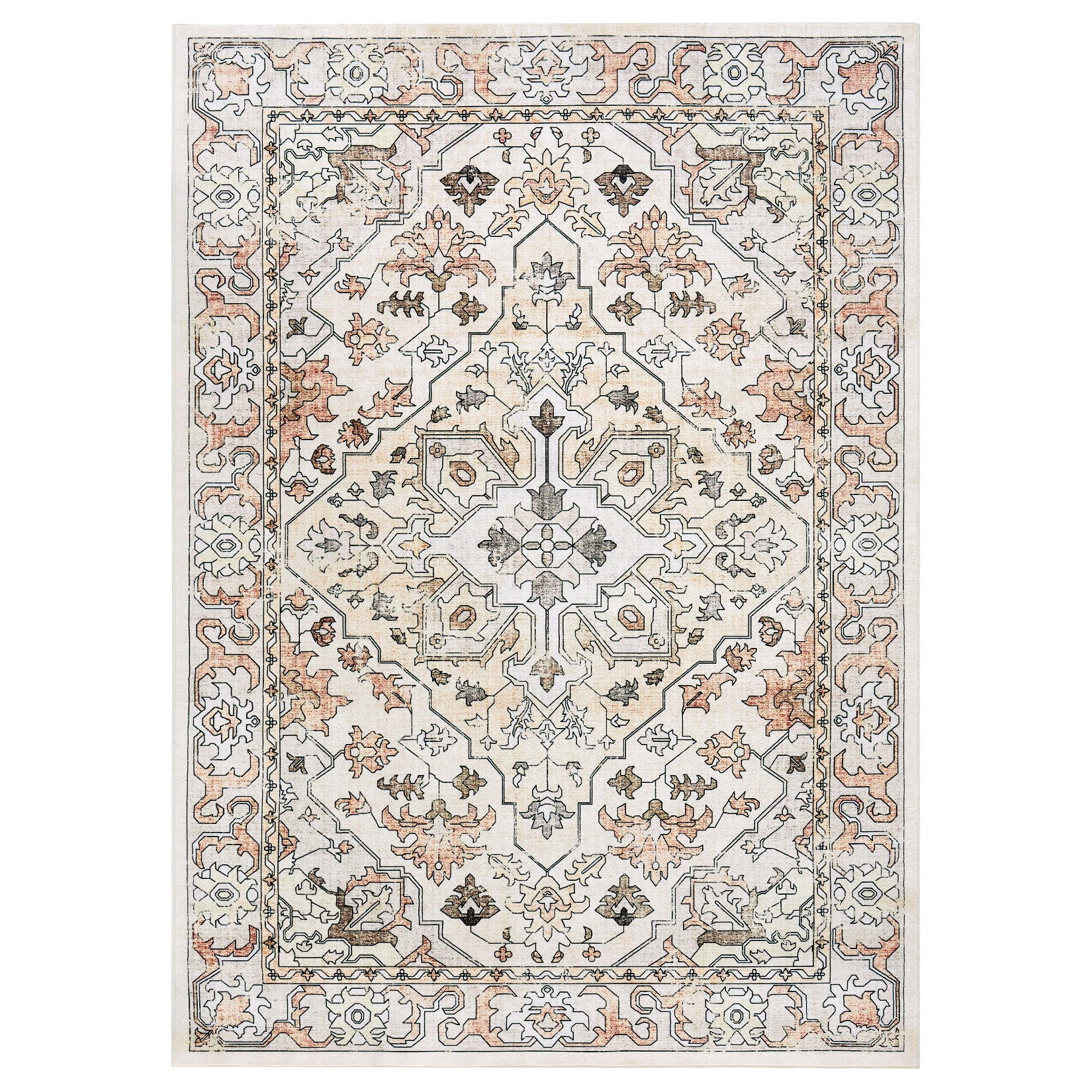 Garvee Vintage Floral Washable Area Rug, Beige 9x12 Non Slip Low Pile Rug for Living Room and Bedroom, Kid and Pet Friendly